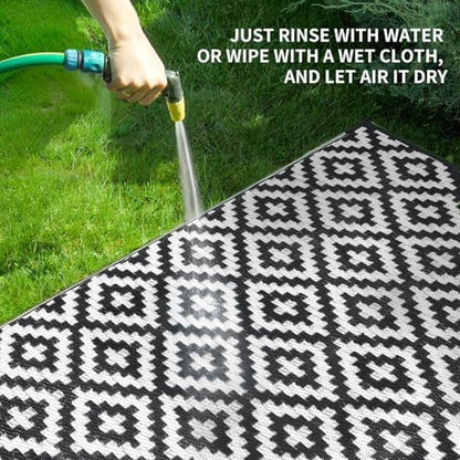 Outdoor Patio Plastic Straw Rug - 5x8 ft Outdoor Camping Rug Waterproof Reversible, Area Carpet Patios Clearance RV, Outside Porch Balcony Deck for Camper, Black & White