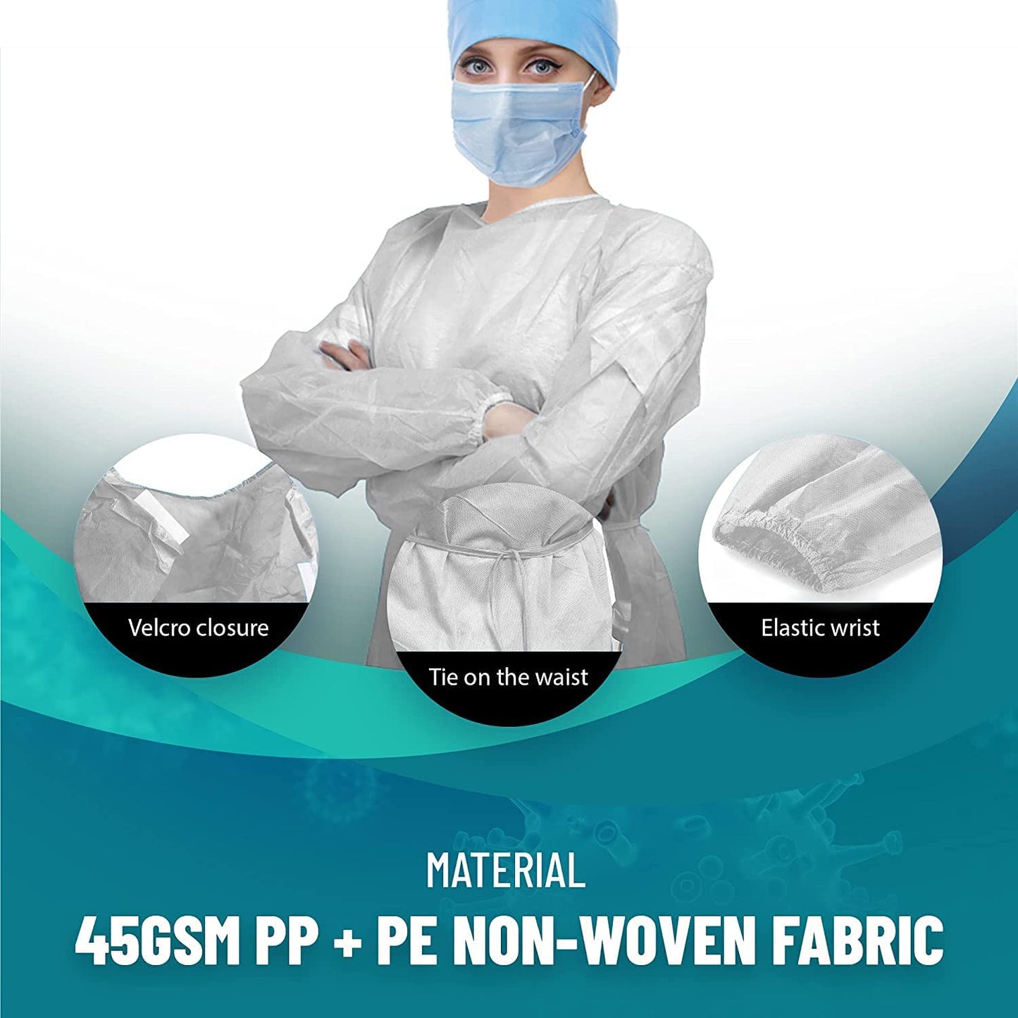Medical Nation 10 Pack Disposable Isolation Gowns - White Level 2 SMS Non-Woven Material - PPE Gowns Disposable for Dental, Medical - Fluid-Resistant, Breathable & Latex-Free Gowns, One Size Fits All