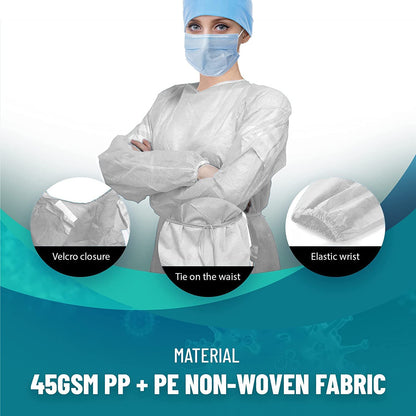 Medical Nation 10 Pack Disposable Isolation Gowns - White Level 2 SMS Non-Woven Material - PPE Gowns Disposable for Dental, Medical - Fluid-Resistant, Breathable & Latex-Free Gowns, One Size Fits All