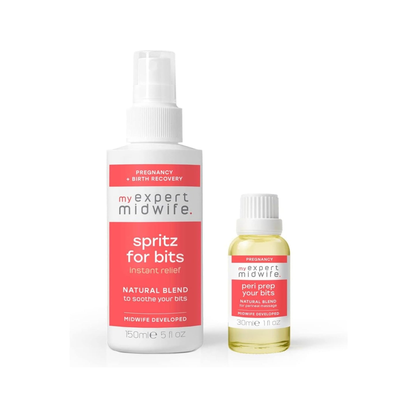 My Expert Midwife Just for Bits - Birth Prep & Recovery Duo with Spritz for Bits Postnatal Relief Perineal Spray and Peri Prep Your Bits Perineal Massage Oil (Pack of 2)