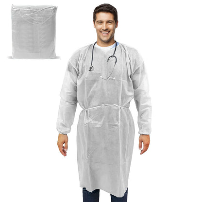 Medical Nation 10 Pack Disposable Isolation Gowns - White Level 2 SMS Non-Woven Material - PPE Gowns Disposable for Dental, Medical - Fluid-Resistant, Breathable & Latex-Free Gowns, One Size Fits All