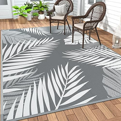 GENIMO Outdoor Rug 5' x 8' Waterproof for Patios Clearance, Reversible Plastic Straw Camping Carpet, Large Area Rugs Mats for RV, Picnic, Backyard, Deck, Balcony, Porch, Beach, Grey&White