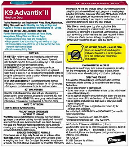 K9 Advantix II Medium Dog Vet-Recommended Flea, Tick & Mosquito Treatment & Prevention | Dogs 11-20 lbs. | 2-Mo Supply