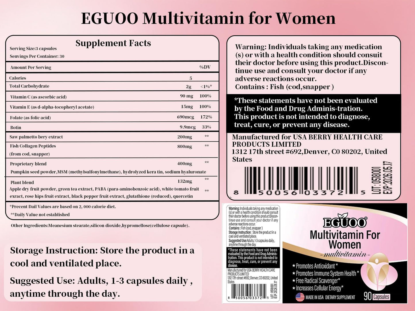 EGUOO Multivitamin for Women - Womens Multivitamin with Vitamin C, E, Biotin and Folic Acid Vitamins for Women - Womens Vitamins for Energy, Immune, Brain, Heart, Eye and Bone Health, 90 Capsules