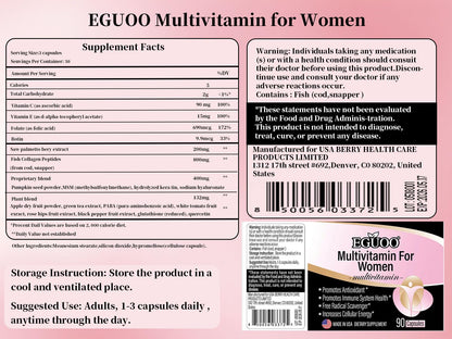 EGUOO Multivitamin for Women - Womens Multivitamin with Vitamin C, E, Biotin and Folic Acid Vitamins for Women - Womens Vitamins for Energy, Immune, Brain, Heart, Eye and Bone Health, 90 Capsules