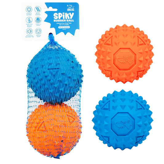 Best Pet Supplies Tough Dog Toys for Aggressive Chewers - Squeaky Dog Toys, Non-Toxic Spiky Ball for Dental Health, Interactive Toy, Pack of 2, Blue, Orange (L:3.5")