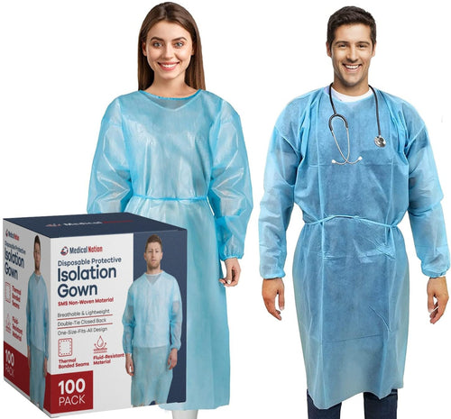 MEDICAL NATION 100 Pack Disposable Isolation Gowns - Blue Level 2 SMS Non-Woven Material - PPE Gowns Disposable for Dental, Medical Use, Fluid-Resistant and Latex-Free Gowns, Universal Size