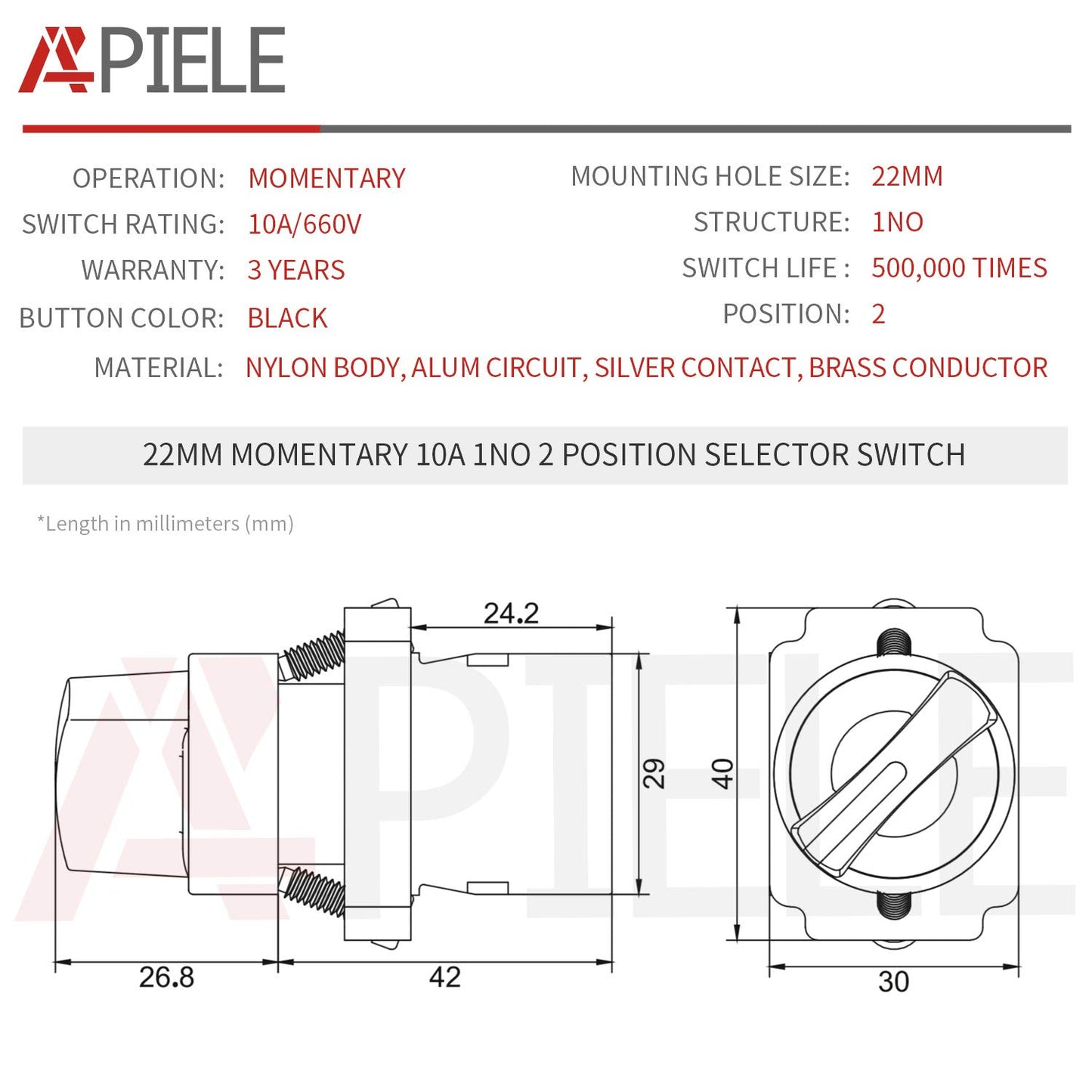 APIELE (Pack of 2) 22mm 2 Position Selector Switch Momentary1NO XB2-10X/22 (2 Position Momentary)