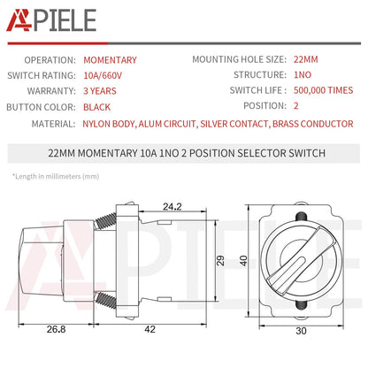 APIELE (Pack of 2) 22mm 2 Position Selector Switch Momentary1NO XB2-10X/22 (2 Position Momentary)