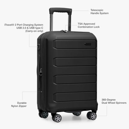 Traveler's Choice Pagosa Indestructible Hardshell Expandable Spinner Luggage, Black, 2 Piece Set