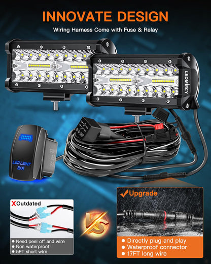 LEDMIRCY 7 Inch LED Light Bar Kit with Rocker Switch Wiring Harness 2PCS LED Pod Lights Triple Rows White Spot Flood Combo Beam Off Road Lights for Truck ATV SUV UTV Boat IP68 Waterproof