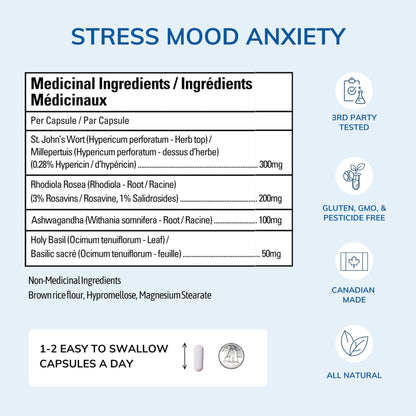 Rhodiola Rosea, St John’s Wort, Ashwagandha - Stress & Anxiety Relief Supplement With Holy Basil, Mood Support, Stress Relief Supplement, 3rd Party Tested, Made In Canada, 60 Capsules