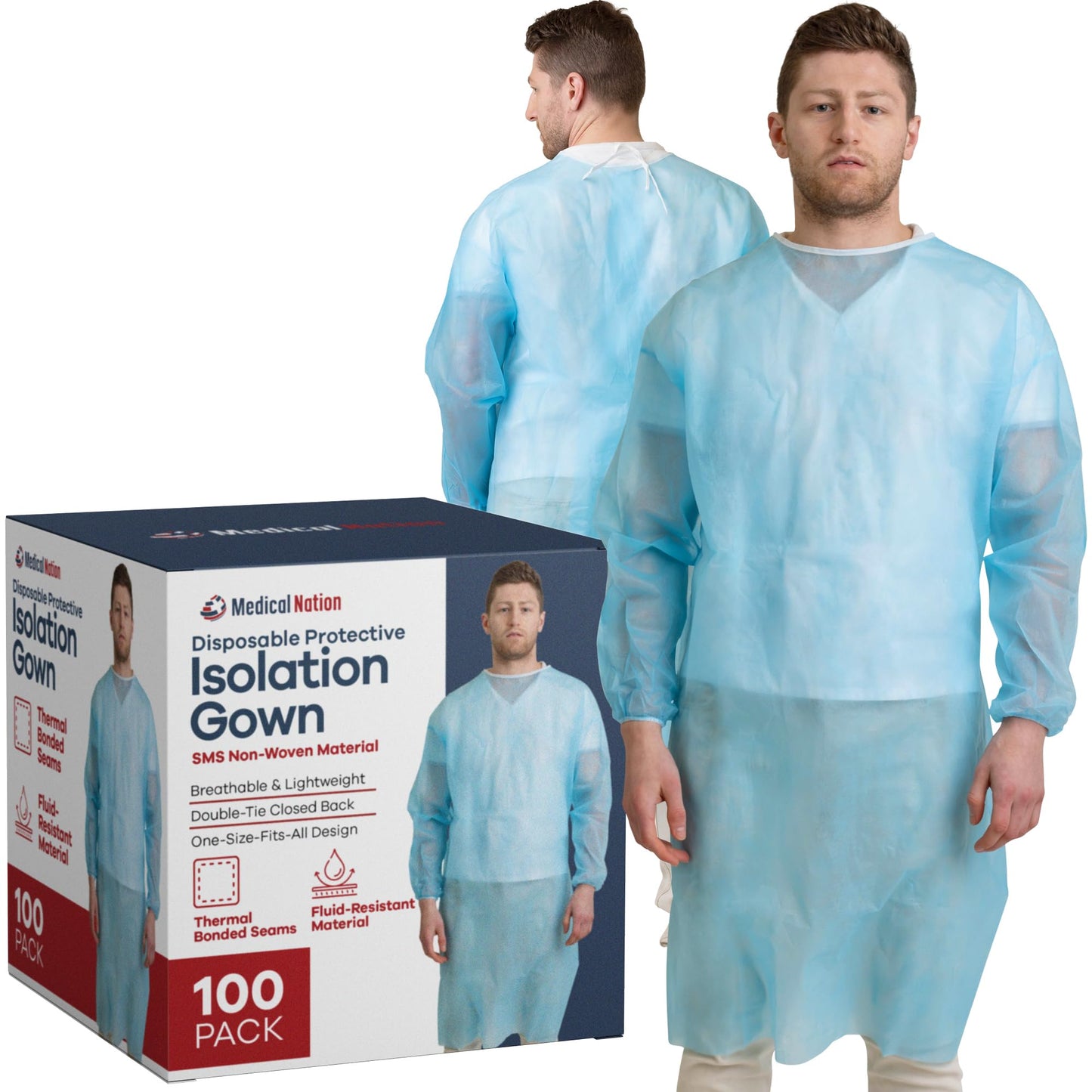MEDICAL NATION 100 Pack Disposable Isolation Gowns - Blue Level 2 SMS Non-Woven Material - PPE Gowns Disposable for Dental, Medical Use, Fluid-Resistant and Latex-Free Gowns, Universal Size