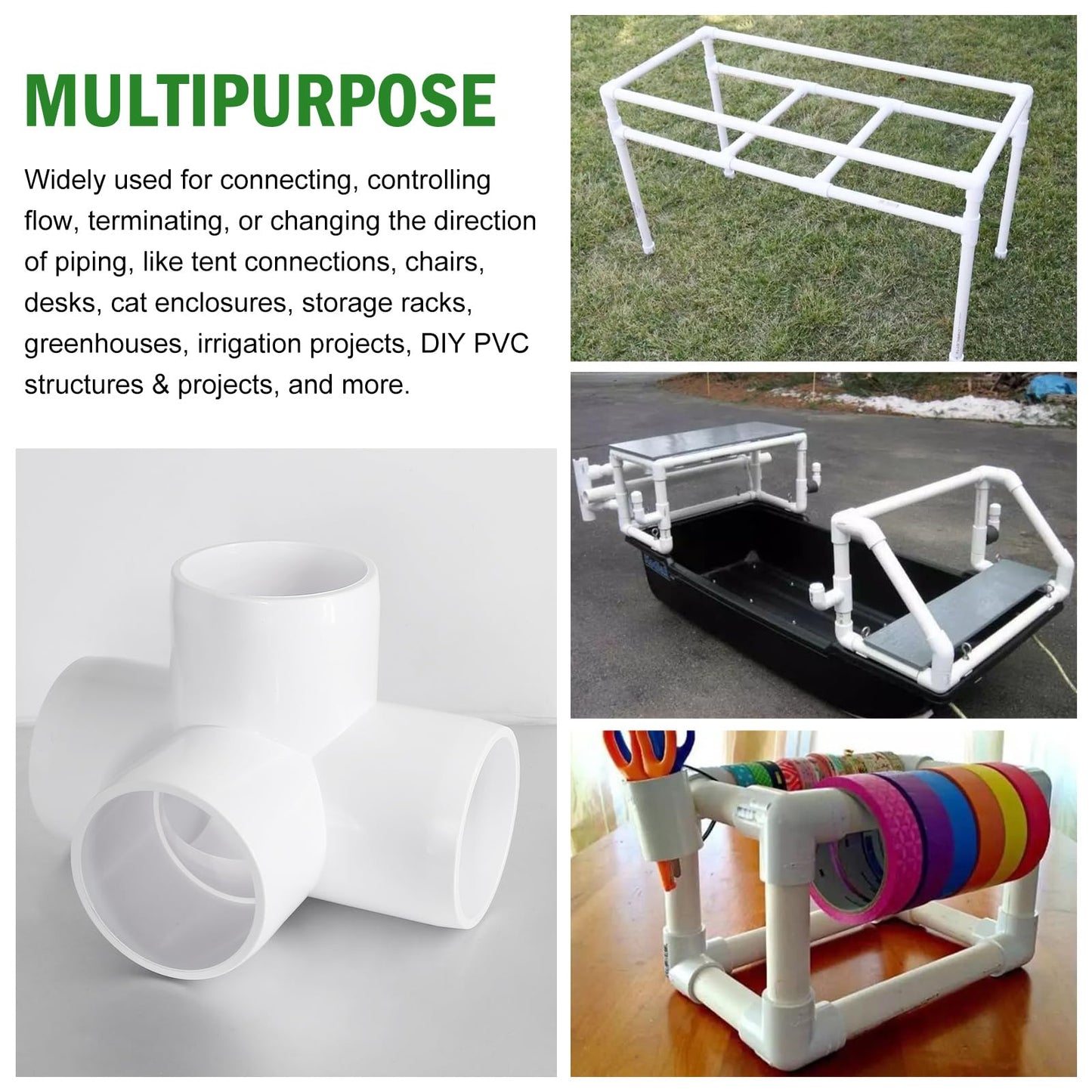 4 Way PVC Pipe Fittings 1-1/2 Inch, Zernmiarder White PVC Elbow Corner Side Outlet Tee Fitting, SCH40 Furniture Grade Pipe Connectors - Fits 1-1/2" Polyvinyl Chloride Pipes, 4 Pieces