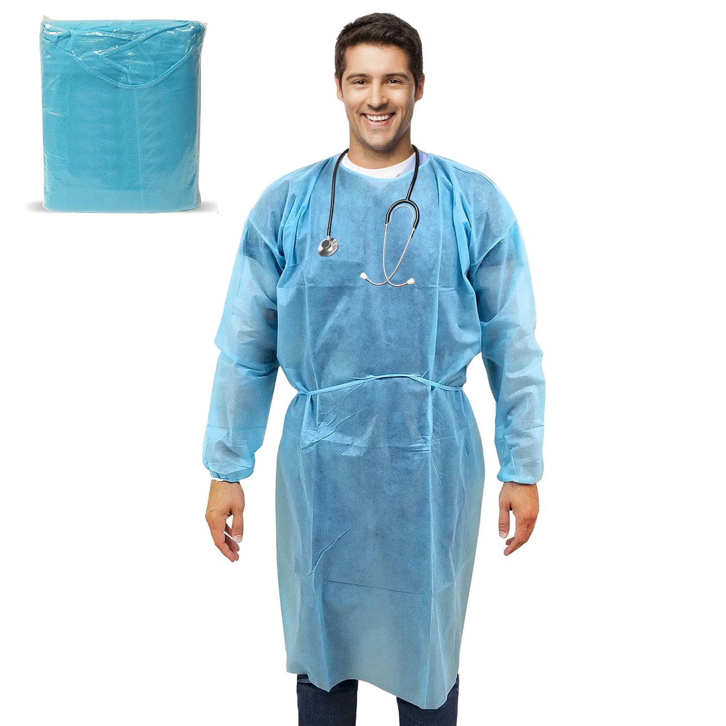 MEDICAL NATION 120 Pack Disposable Isolation Gowns - Blue Level 2 SMS 40gsm Non-Woven Material - PPE Gowns Disposable for Dental, Medical Use, Fluid-Resistant and Latex-Free Gowns, Universal Size