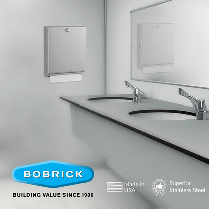 Bobrick B-2620 Surface Mounted Paper Towel Dispenser - Stainless Steel Commercial Bathroom Towel Dispenser with Knob-Latch 400 C-Fold or 525 Multifold Capacity