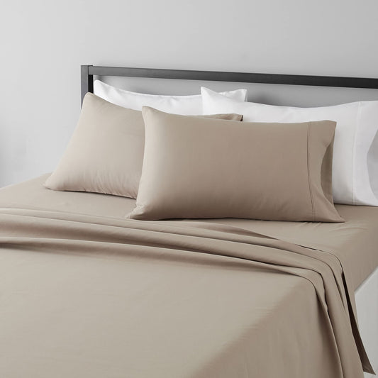 Amazon Basics Lightweight Super Soft Easy Care Wrinkle Free Breathable Microfiber 4 Piece Bed Sheet Set with 14-Inch Deep Pockets, King, Taupe, Solid