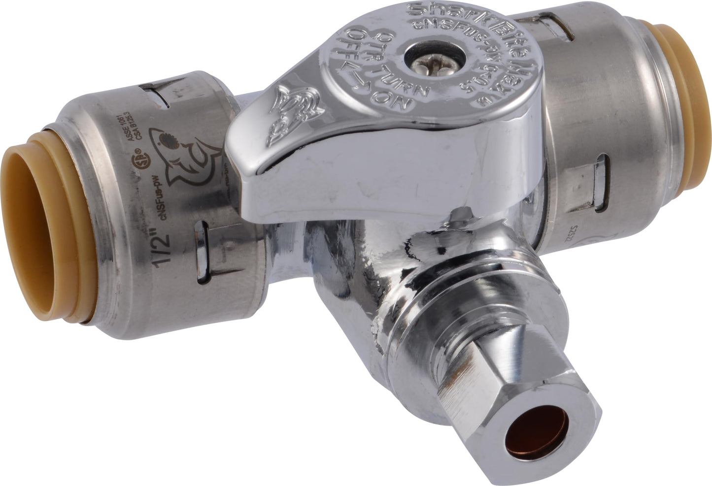 SharkBite Max 1/2 x 1/2 x 1/4 Inch Compression Tee Stop Valve, Push to Connect Brass Plumbing Fitting, PEX Pipe, Copper, CPVC, PE-RT, HDPE, UR24983A