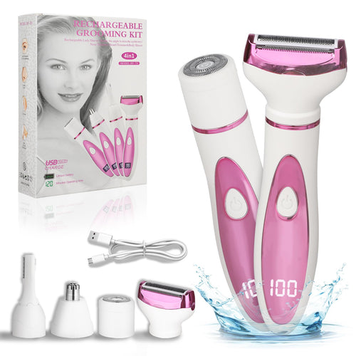 Beanify Electric Razor for Women Men,4 in 1 Painless Ladies Wet & Dry Body Razors and Facial Hair Remover,Rechargeable Led Display Hair Removal Kit for Nose Face Body Leg Bikini Arm Hair (Pink)