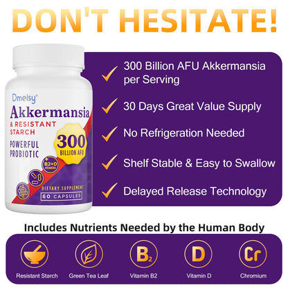 GLP-1 Supplement - 300 Billion AFU Akkermansia Muciniphila, Akkermansia Probiotic for Women & Men, for Boost GLP-1, Digestive, Gut, Immunity, Enhances Gut Lining Function & Intestinal Walls, 60 Count