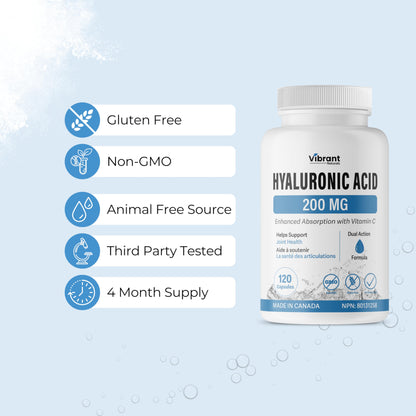 Vibrant Naturals Hyaluronic Acid Supplement 200mg - 120 Capsules, with Vitamin C 100mg, Joint & Skin Health, Non-GMO Fermentation, Gluten Free, Third Party Tested, Bioavailable Formula