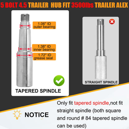 2 Sets 3500lb Trailer Axle Trailer Hub Kit 5 Bolt 4.5",5×4.5 Trailer Hub fit 1-1/16" to 1-3/8" Tapered Trailer Spindle,Trailer Hub Assembly,Boat Trailer Hubs 5 Lug (Not Fit for Straight Spindle)