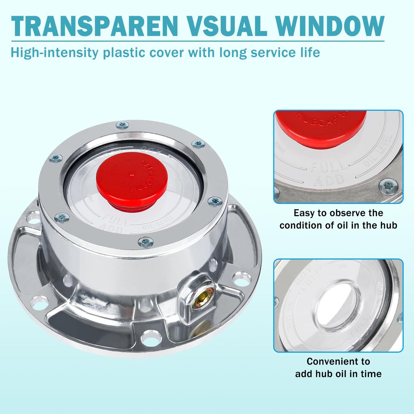 CheeMuii 4 Pack 343-4009 Trailer Hub Caps with Oil Window Cover Kit 4 Set 3434009 Aluminum Hubcaps for Trailer Axle with Extra Rubber Plugs Replace for Stemco 343-4009 359-5990