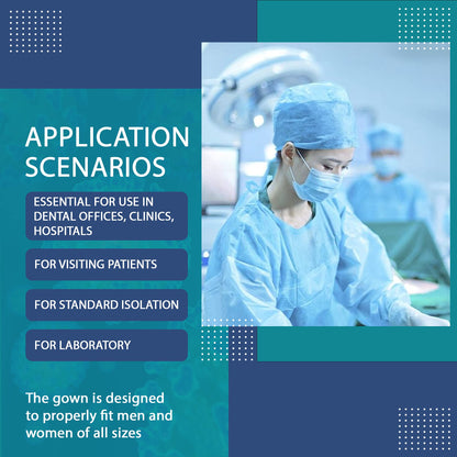 MEDICAL NATION 100 Pack Disposable Isolation Gowns - Blue Level 2 SMS Non-Woven Material - PPE Gowns Disposable for Dental, Medical Use, Fluid-Resistant and Latex-Free Gowns, Universal Size