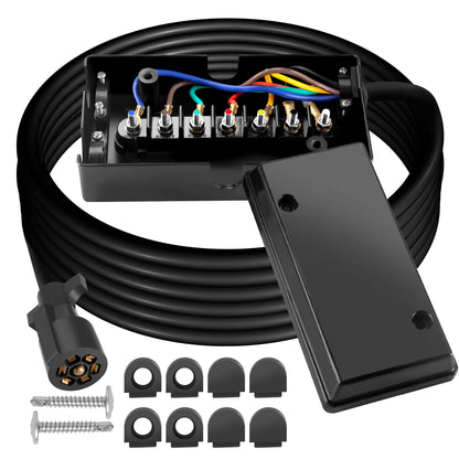 7 Way Trailer Plug 12 Feet Inline Trailer Cord Heavy Duty with 7 Gang Junction Box,7 Pin Trailer Plug with Weatherproof Junction Box for Easy Installation