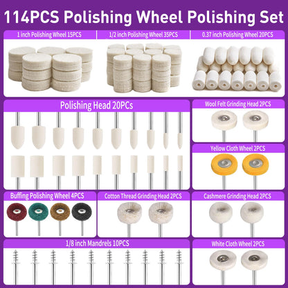 114 PCS Polishing Kit with 2Pcs Polishing Compound for Dremel, Abrasive Buffing Wheels Polishing Bits for Rotary Tool Accessories with 1/8 Inch Shank, Sanding Kit for Metal Wood Watch Jewelry Brass