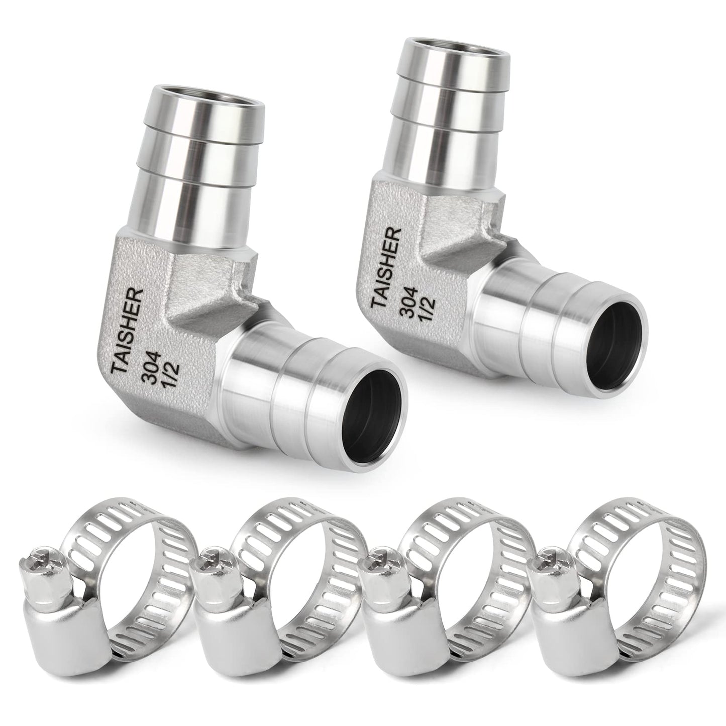 TAISHER 2PCS 304 Stainless Steel 90 Degree Elbow Hose Barb Fittings 1/2" Barb x 1/2" Barb for Fuel/AIR/Lquid/Gas with 4PCS Hose Clamp
