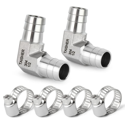 TAISHER 2PCS 304 Stainless Steel 90 Degree Elbow Hose Barb Fittings 1/2" Barb x 1/2" Barb for Fuel/AIR/Lquid/Gas with 4PCS Hose Clamp