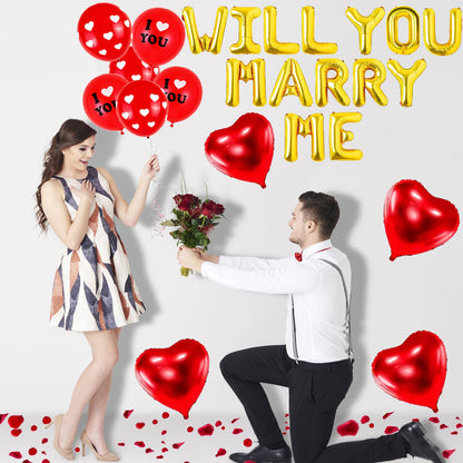 138 Pcs Will You Marry Me Decorations, Gold and Red I Love You Party Supplies, Swirls Foil Balloons Red Heart Balloons Rose Petals for Romantic Engagement Valentines Anniversary Decorations