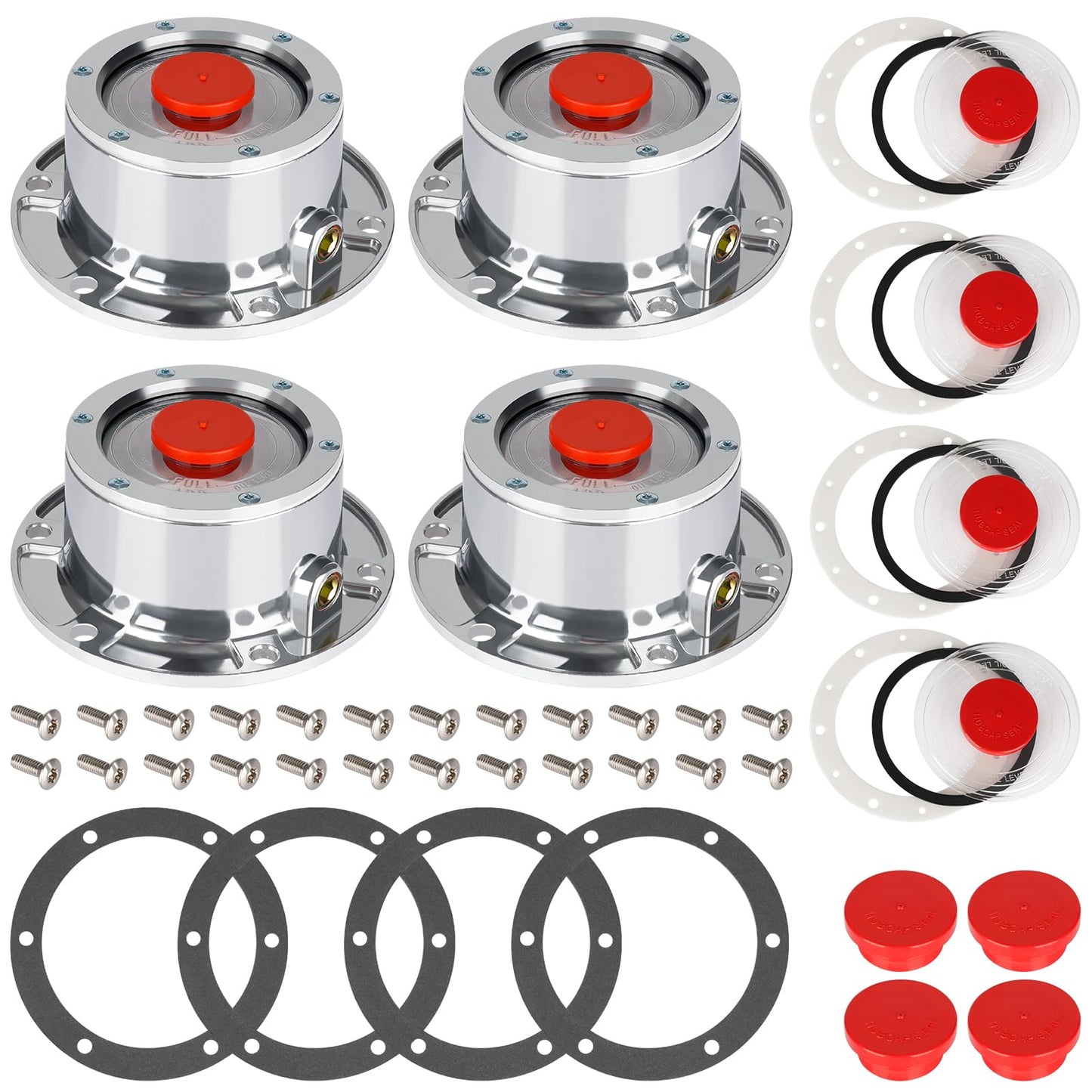 CheeMuii 4 Pack 343-4009 Trailer Hub Caps with Oil Window Cover Kit 4 Set 3434009 Aluminum Hubcaps for Trailer Axle with Extra Rubber Plugs Replace for Stemco 343-4009 359-5990