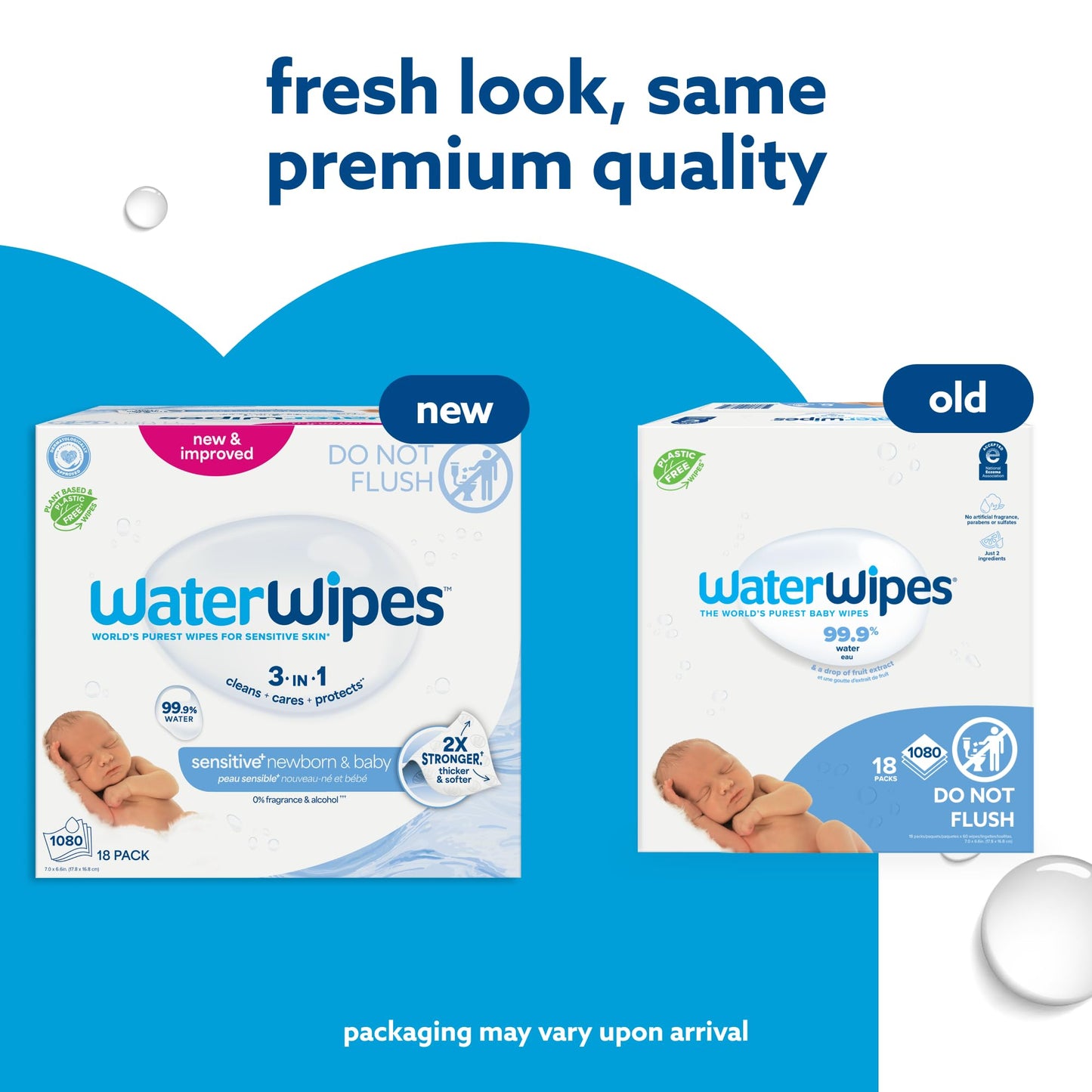 WaterWipes Original Baby Wipes, 99.9% Water, 3-In-1 Cleans, Cares, Protects, Unscented & Hypoallergenic, 1080 Count (18 Packs), Packaging May Vary