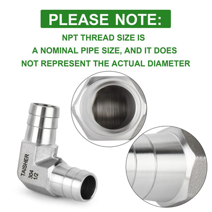 TAISHER 2PCS 304 Stainless Steel 90 Degree Elbow Hose Barb Fittings 1/2" Barb x 1/2" Barb for Fuel/AIR/Lquid/Gas with 4PCS Hose Clamp