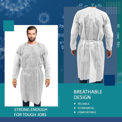 Medical Nation 10 Pack Disposable Isolation Gowns - White Level 2 SMS Non-Woven Material - PPE Gowns Disposable for Dental, Medical - Fluid-Resistant, Breathable & Latex-Free Gowns, One Size Fits All