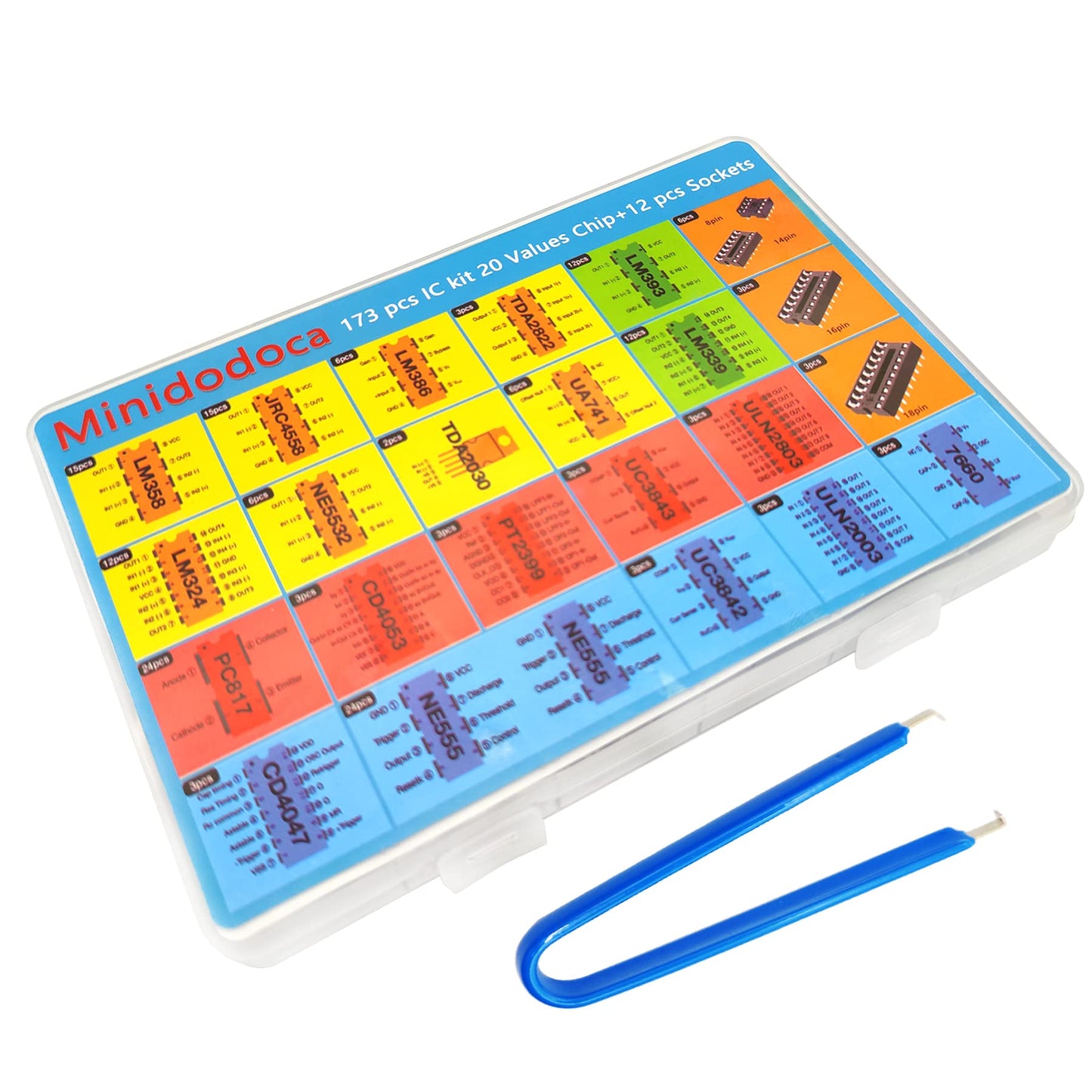 IC chips kit Minidodoca 173 pcs 20 Values Chip Assortment Set+12 pcs Sockets;Integrated Circuits op amp kit 555 Timer IC Included NE555,LM358, LM324, LM393, LM339, NE5532, LM386,UA741,IC Plier etc