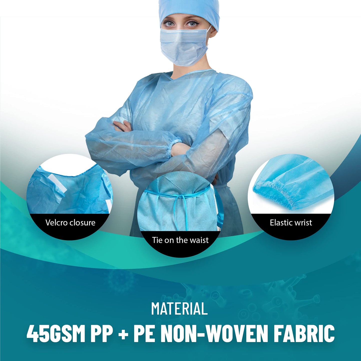MEDICAL NATION 120 Pack Disposable Isolation Gowns - Blue Level 2 SMS 40gsm Non-Woven Material - PPE Gowns Disposable for Dental, Medical Use, Fluid-Resistant and Latex-Free Gowns, Universal Size