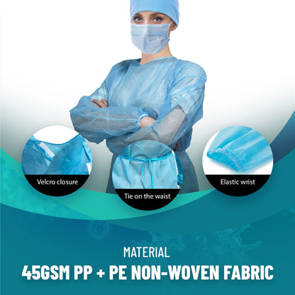 MEDICAL NATION 120 Pack Disposable Isolation Gowns - Blue Level 2 SMS 40gsm Non-Woven Material - PPE Gowns Disposable for Dental, Medical Use, Fluid-Resistant and Latex-Free Gowns, Universal Size