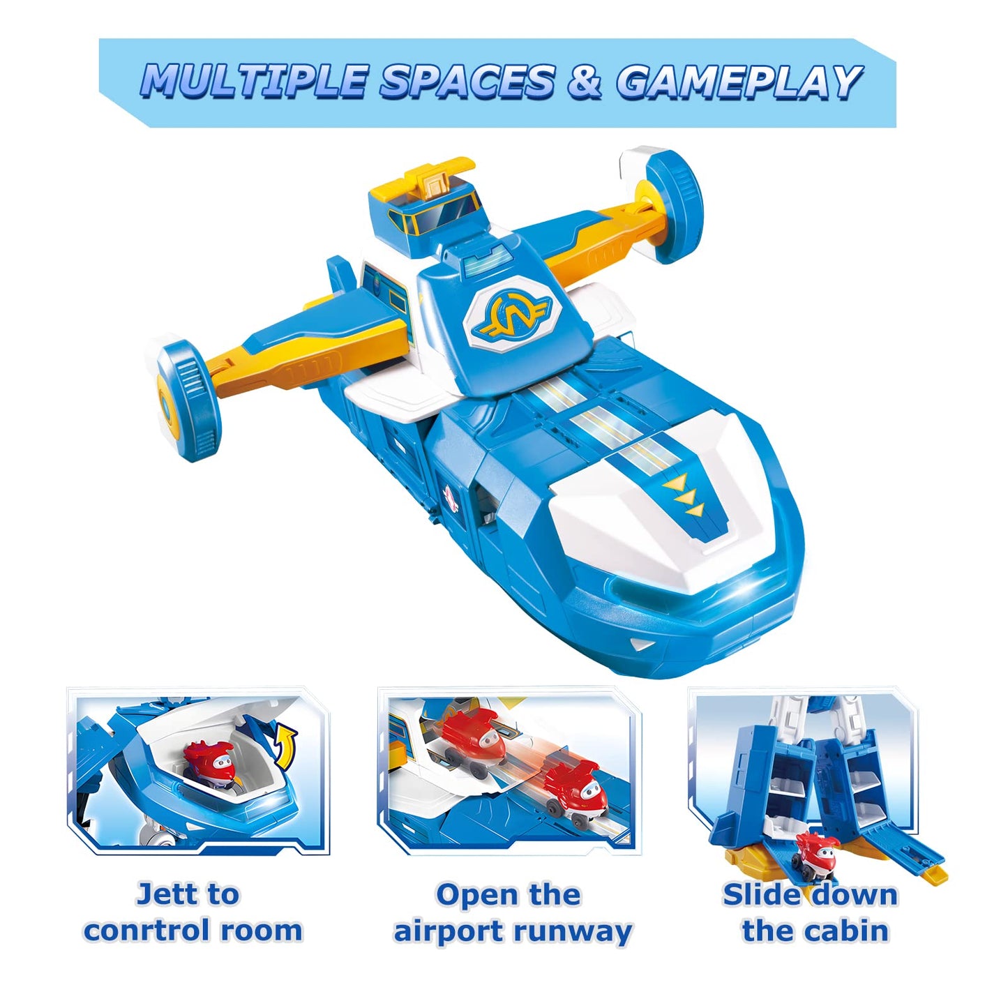 Super Wings 3-in-1 World Aircraft Transforming Robot with Light and Sound Effects, with a 2‘’ Transformable Robot Jett, Transformable Toy for Girls and Boys Aged 3 Years up, Blue