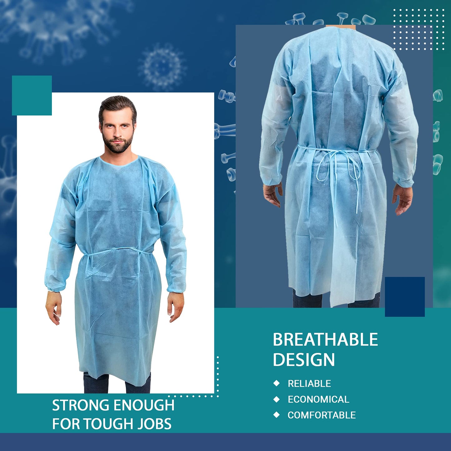 MEDICAL NATION 120 Pack Disposable Isolation Gowns - Blue Level 2 SMS 40gsm Non-Woven Material - PPE Gowns Disposable for Dental, Medical Use, Fluid-Resistant and Latex-Free Gowns, Universal Size