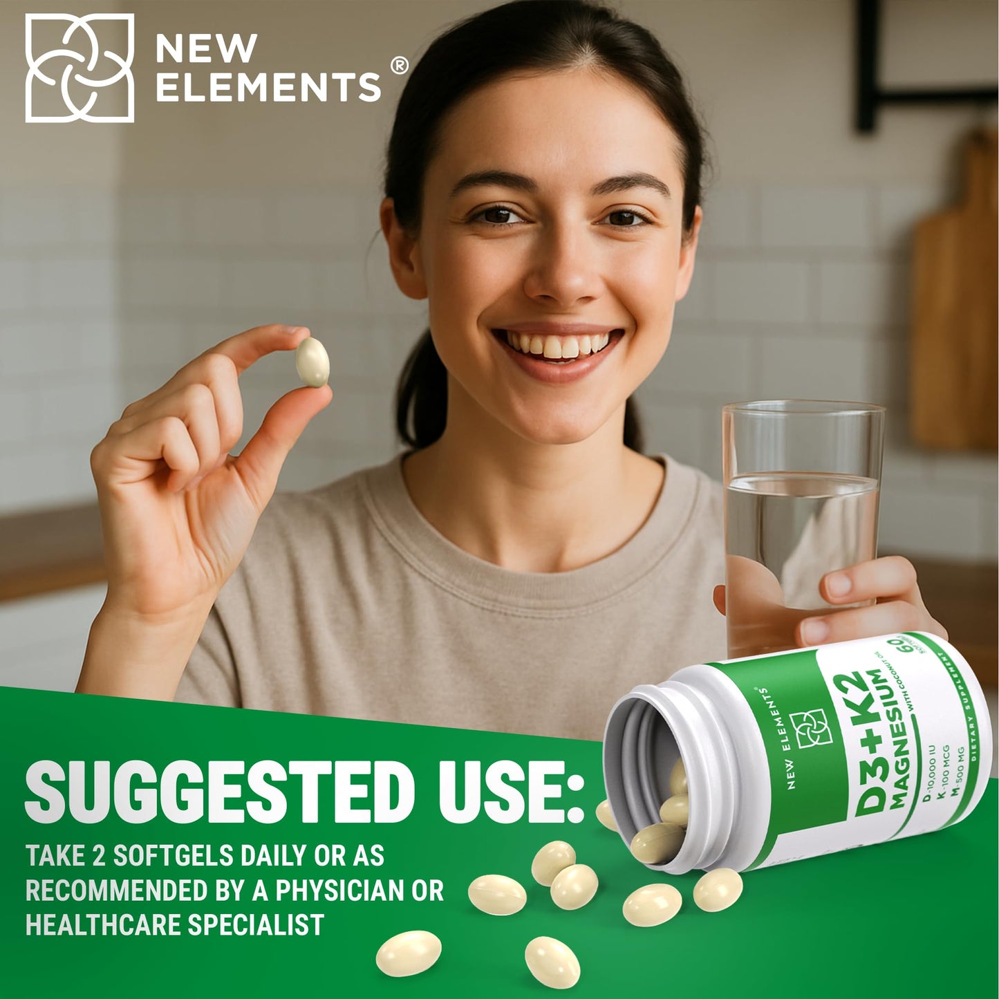 Vitamin D3 K2 10,000 IU with Magnesium Glycinate 500mg - Bone Health, Immune Support, Energy & Mood - Non-GMO, Gluten-Free, Sugar-Free Softgels for Women & Men (60 softgels)