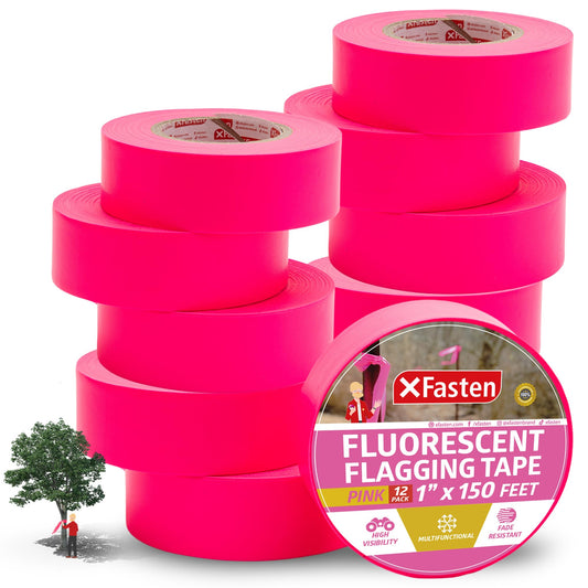 XFasten Pink Flagging Tape 12-Pack, 1-Inch x 1800 Feet Total Pink Marking Tape Ribbon, High Visibility Non-Fading Trail Marking Ribbon for Surveying, Trees, Construction Safety Caution - 150ft/roll