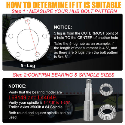 2 Sets 3500lb Trailer Axle Trailer Hub Kit 5 Bolt 4.5",5×4.5 Trailer Hub fit 1-1/16" to 1-3/8" Tapered Trailer Spindle,Trailer Hub Assembly,Boat Trailer Hubs 5 Lug (Not Fit for Straight Spindle)