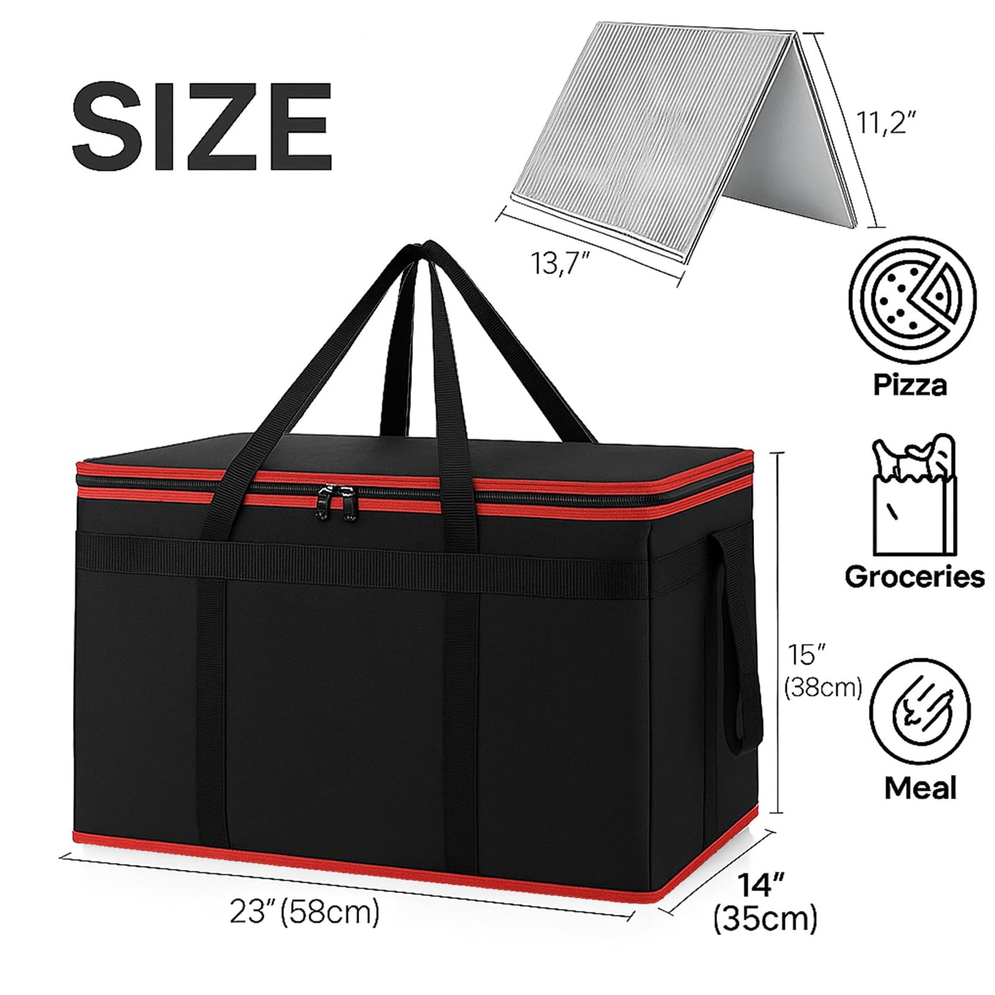 Bodaon Insulated Food Delivery Bag With Hard Bottom, XXXL Pizza Cooler Bags, Grocery Shopping and Catering Thermal Cold/Hot Styrofoam Carrier for Travel/Doordash/Car, Dashers Door Dash Accessories