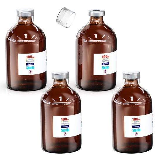 Biomed Solutions Sterile Empty Vial with Reusable Plastic Cap,Ready to Fill Glass Containers, Liquid Injection Bottle Sealed with Self Healing Injection Port (100ml Amber 4pcs)