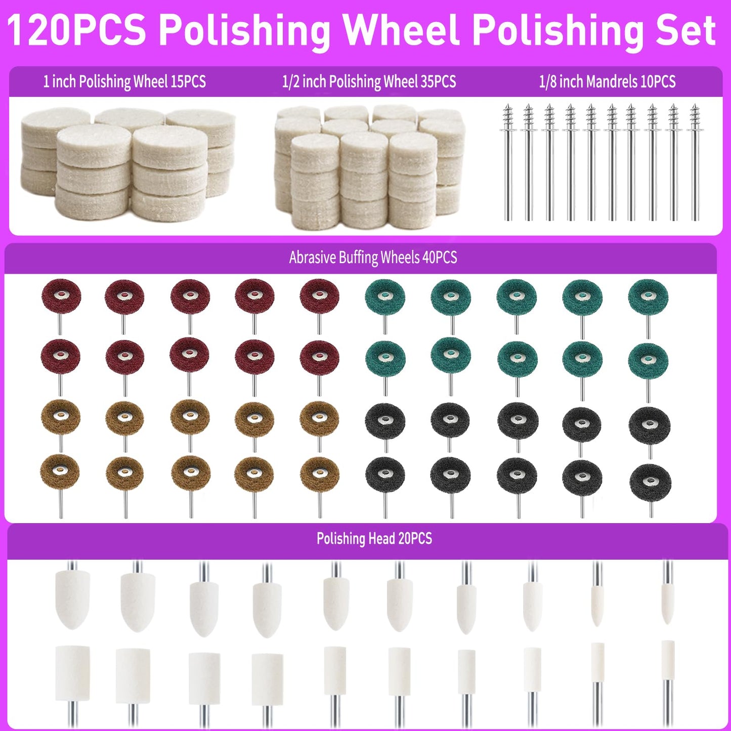 120 PCS Polishing Kit for Dremel, Abrasive Buffing Wheels for Rotary Tool Accessories with 1/8 Inch Shank, Polishing Bits for Metal Wood Watch Jewelry Brass