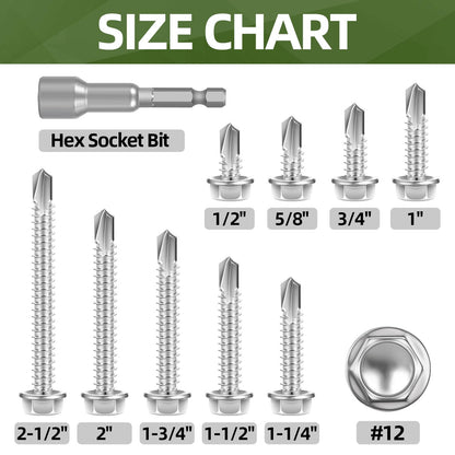#12 x 2 (100 PCS) Sheet Metal Screws, Hex Washer Head Self Drilling Screw, 410 Stainless Steel Flanged Fast Self Tapping Screws, Hex Bit Socket Included