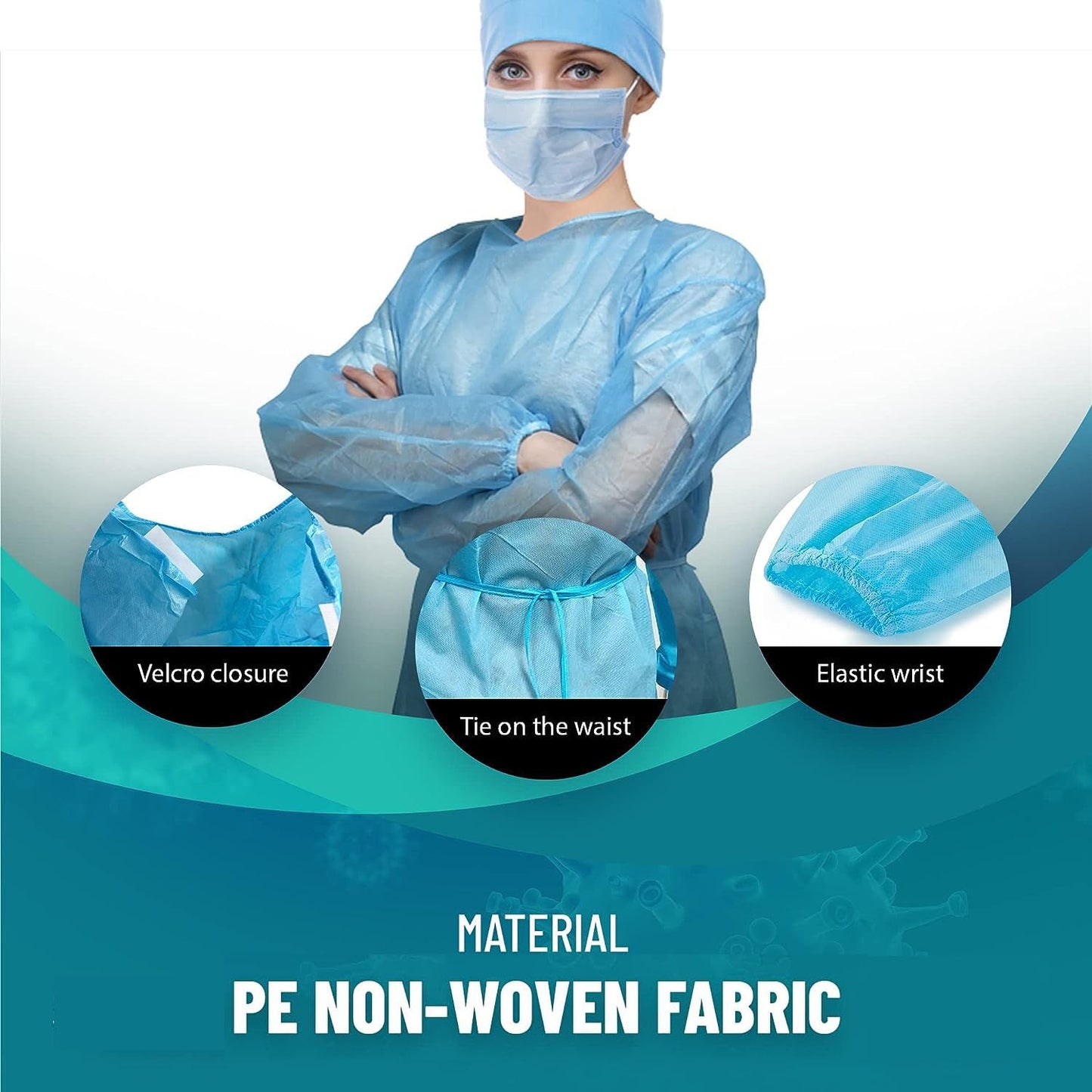 MEDICAL NATION 100 Pack Disposable Isolation Gowns - Blue Level 2 SMS Non-Woven Material - PPE Gowns Disposable for Dental, Medical Use, Fluid-Resistant and Latex-Free Gowns, Universal Size